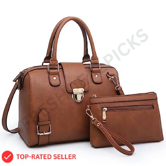 Vegan Leather Satchel Tote Top Handle Shoulder Bag Elegant Work Purse - Picture 2 of 8